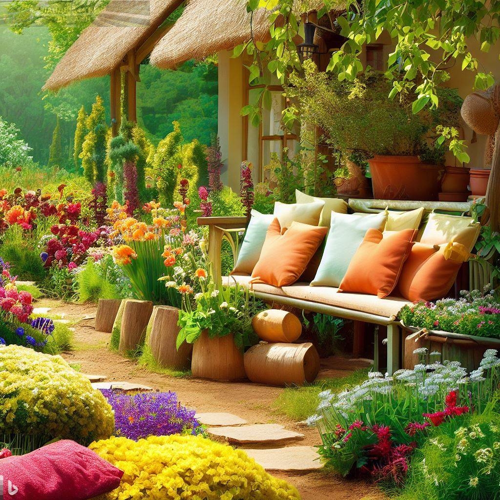 Красивый сад с клумбами, домом, лавочкой с подушками и дорожкой
