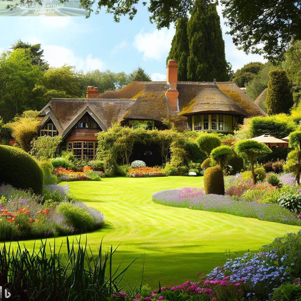 английский ландшафтный дизайн, дом, лужайка, деревья и кустарники