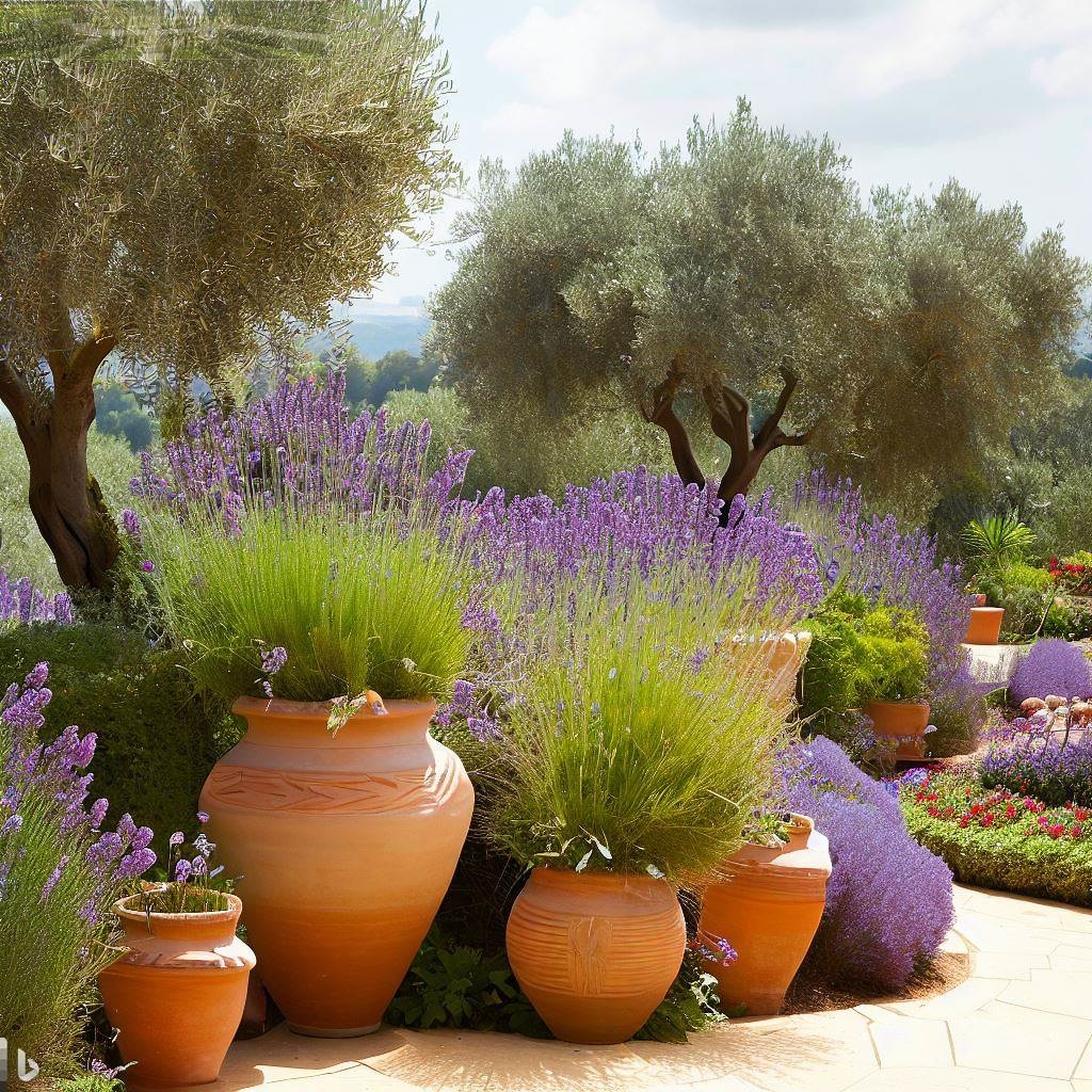 Средиземноморский стиль, лаванда в горшках и оливковые деревья