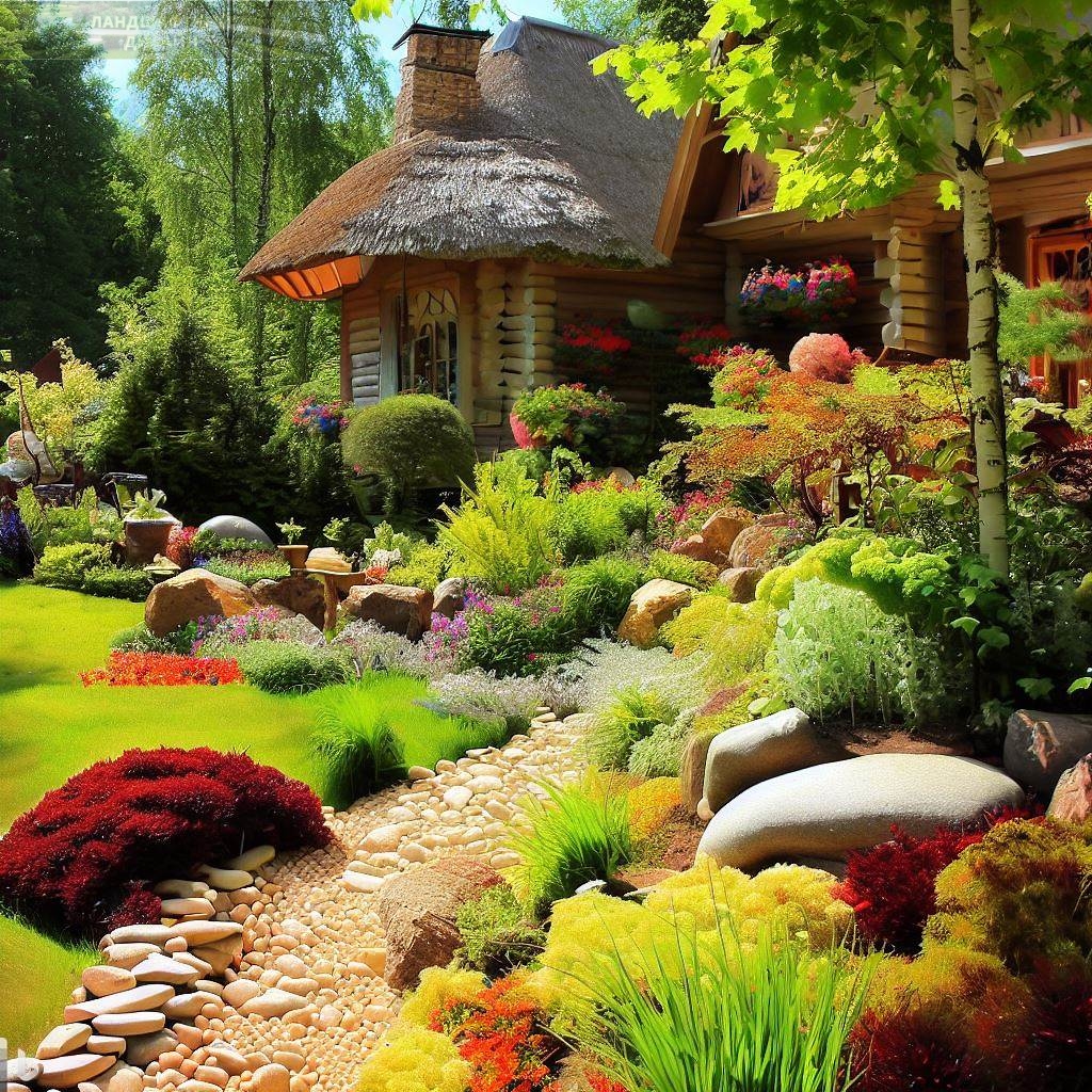 Красивый сад с клумбами, домом и дорожками
