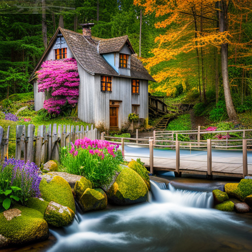 Ландшафтный дизайн перед домом, ручей и цветы