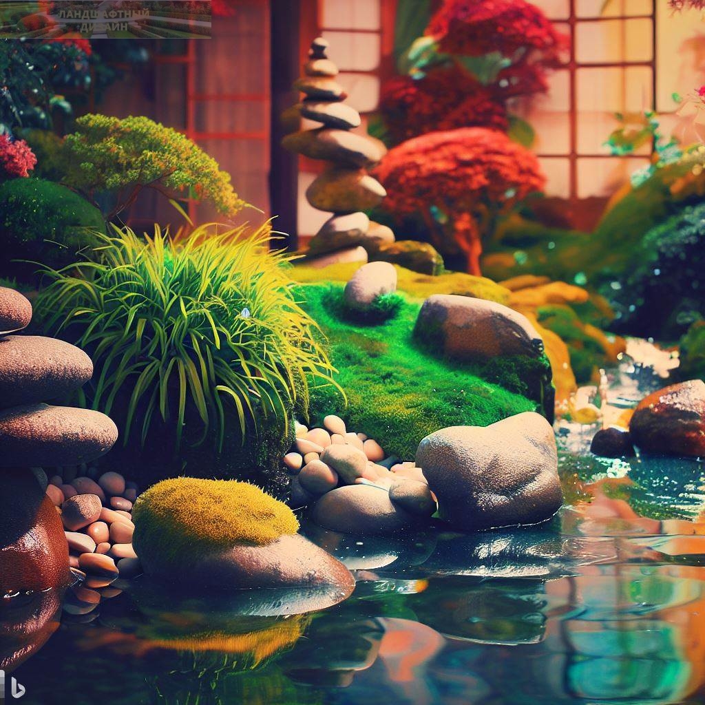 Японский стиль, камни, вода и бонсаи