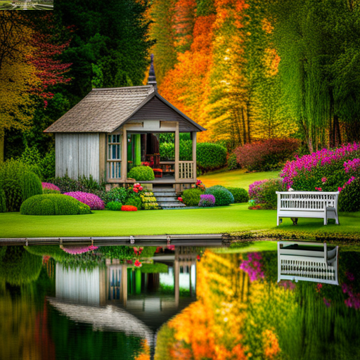 Домик на берегу озера в лесу на опушке с цветами