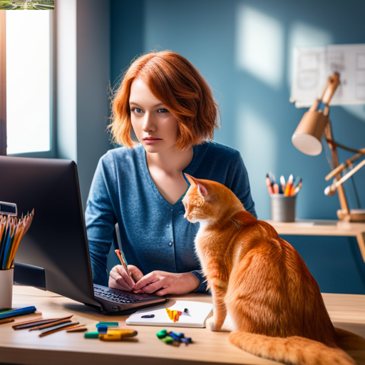 Рыжая девушка перед компьютером и рыжий кот рядом