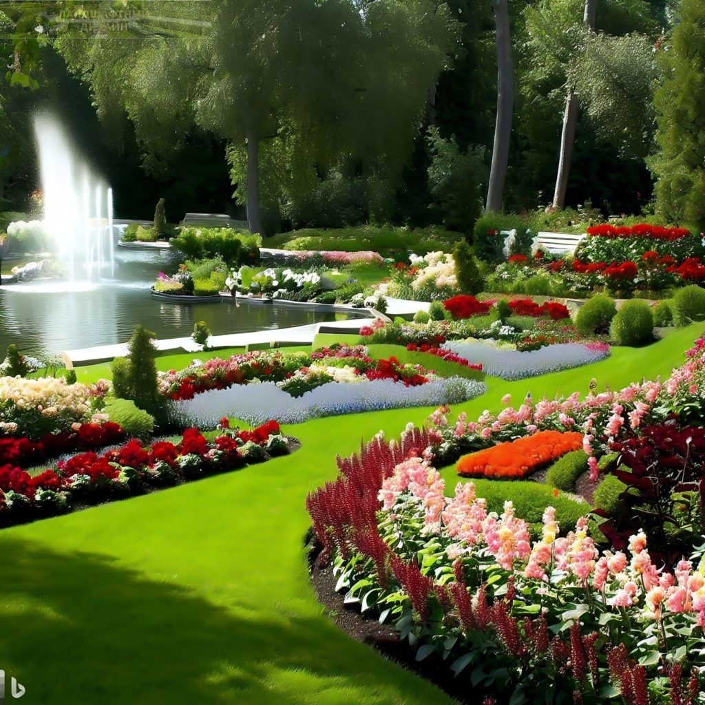Красивый парк с фонтаном, клумбами, кустарниками и деревьями