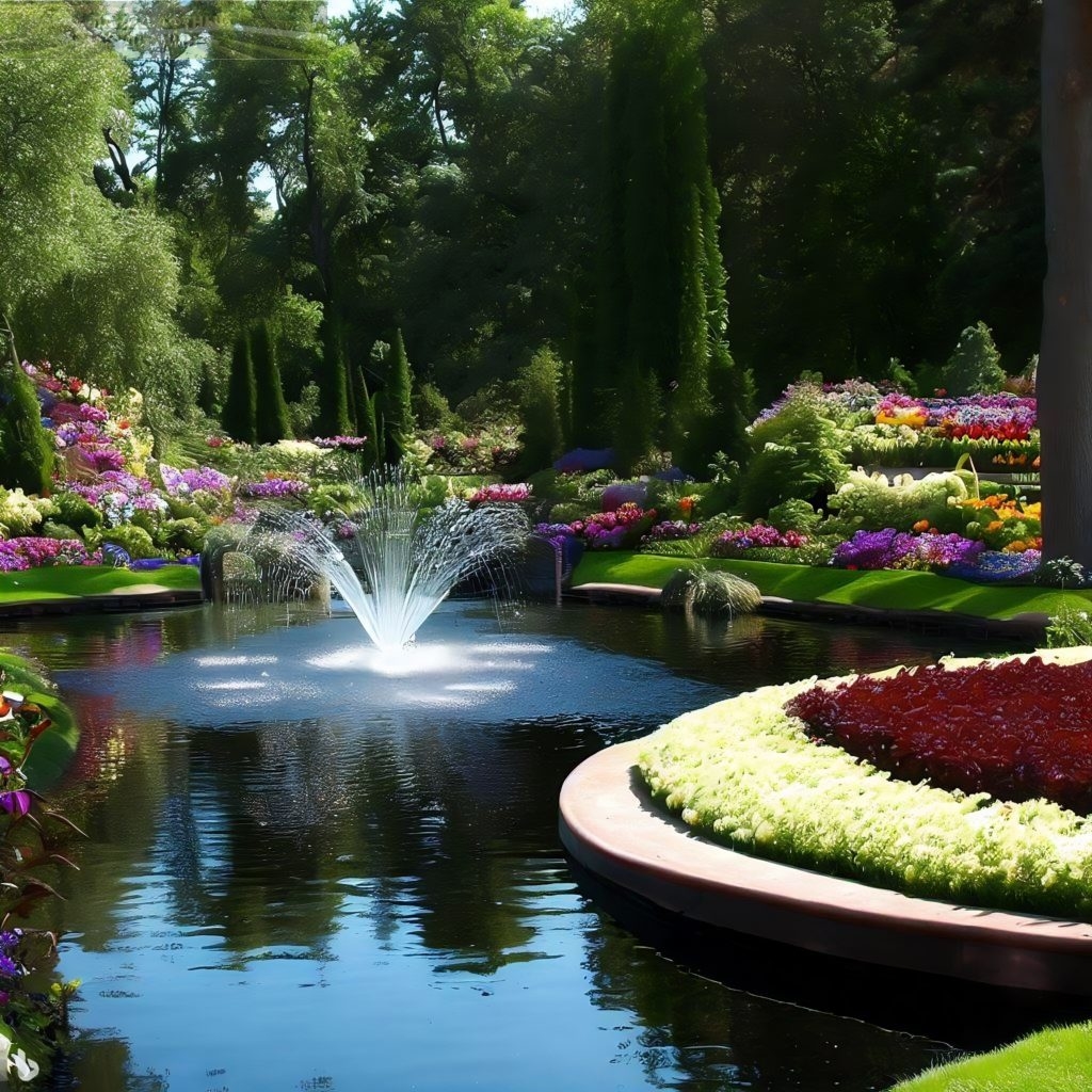 Красивый парк с фонтаном, клумбами, кустарниками и деревьями