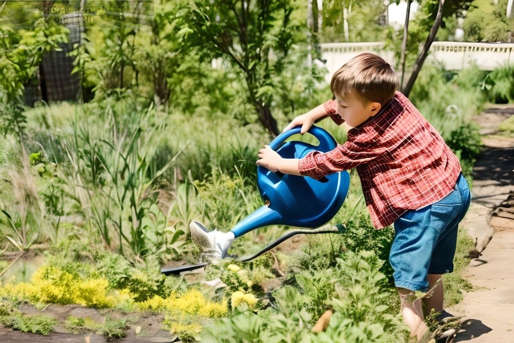 Мальчик поливает из лейки растения в саду