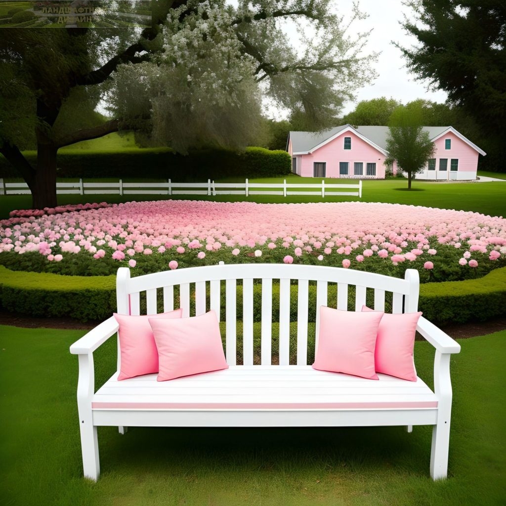 Pink roses and a white bench