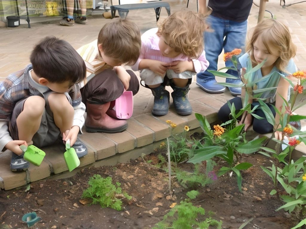 Дети у грядки с растениями