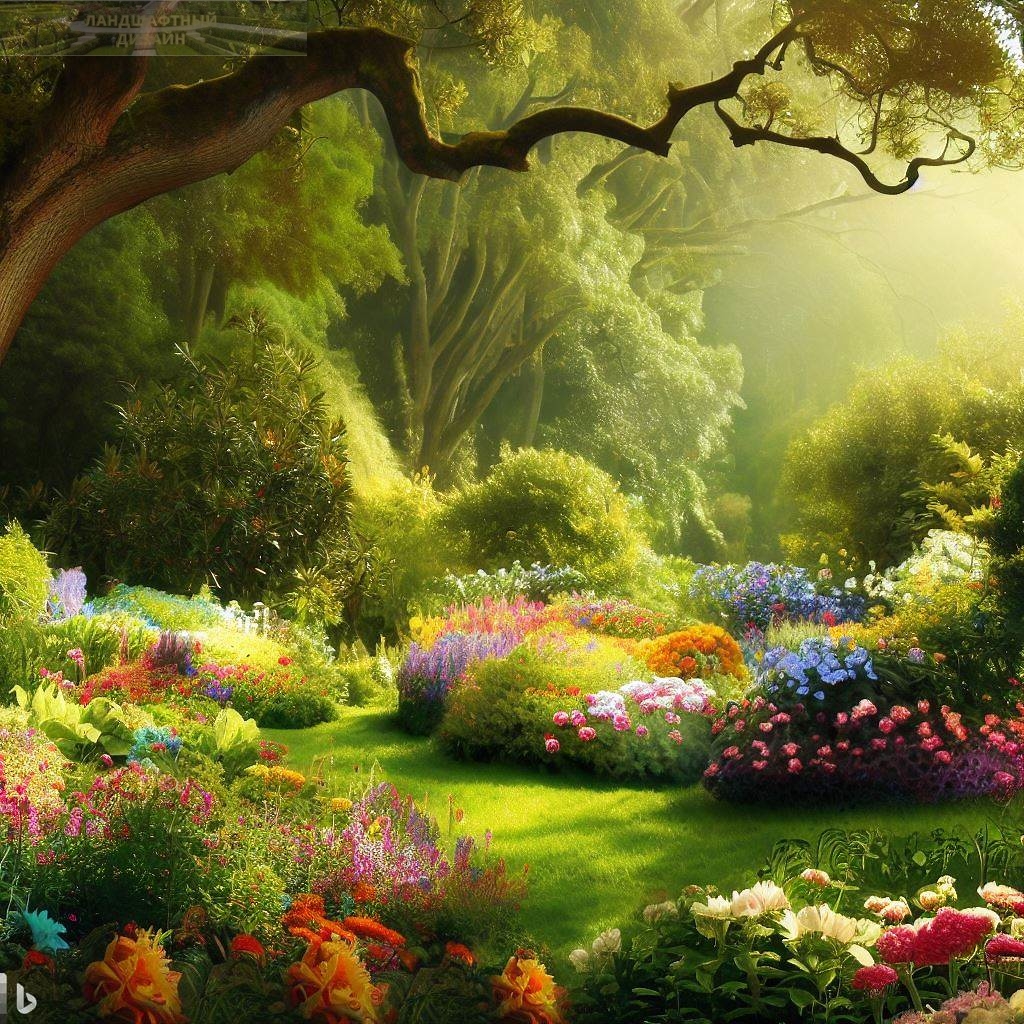 Сад с цветочными клумбами и деревьями