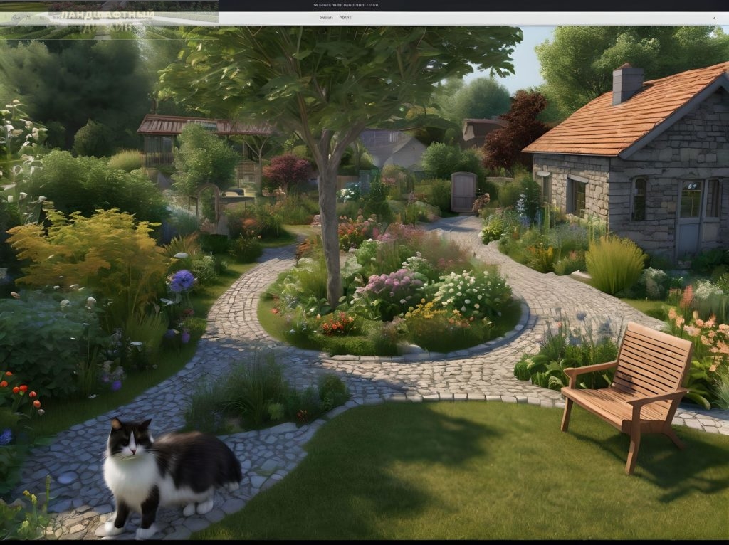 Садовый участок с домом, дача, деревья и цветы, лавочка и кот